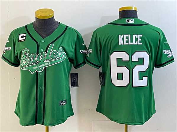 Women%27s Philadelphia Eagles #62 Jason Kelce Green With 4-Star C Patch Cool Base Stitched Baseball Jersey(Run Small)
